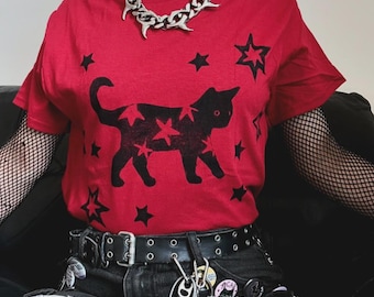 Starry cat unisex red t-shirt, Lino-printed by hand, S-2XL