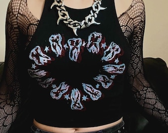 teeth heart black crop top, Lino-printed by hand, XS-XL