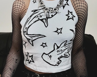 Shark white crop top, Lino-printed by hand, XS-XL