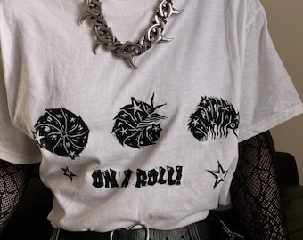 On A Roll isopod unisex white t-shirt, Lino-printed by hand, S-2XL