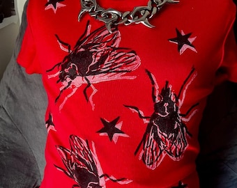 3D flies red baby tee // Lino-printed by hand, XS-XL