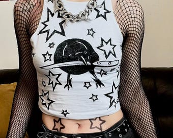 Murder crow white crop top, Lino-printed by hand, XS-XL
