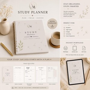 Könnte beinhalten: Ein Studienplaner mit dem Text "Study Planner" und den Worten "Plan, Focus, Achieve". Der Planer enthält Abschnitte für Wochen-, Tages- und Zielplanung. Das Bild zeigt auch eine Tasse Kaffee, einen Stift und eine Vase mit getrockneten Blumen.