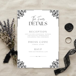 May include: A white rectangular wedding reception card with black text and ornate corner flourishes. The text reads The Finer DETAILS, RECEPTION, JOIN US FOR COCKTAILS, DINNER, AND DANCING IMMEDIATELY FOLLOWING THE CEREMONY, DRESS CODE FORMAL ATTIRE, RSVP, and WWW.RSVPWEBSITE.COM.