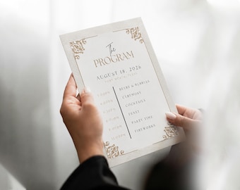 Wedding Program Template Canva | Baroque Gold Ceremony Schedule Printable | Elegant Stationery Instant Download