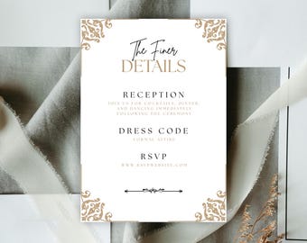 Plantilla de Canva para tarjeta de detalles de boda / Impresión para recepción estilo barroco dorado / Papelería elegante de descarga instantánea