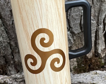 Viking Travel Mug ~ Triskelion Triskele ~ 16 oz  wood look Stainless Steel Cup Hot Cold ~  Norse Runes Symbols Handle a To  Go container