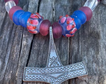 Viking Necklace Thor's Hammer Jewelry Danish Mjölnir Pendant Necklace Glass Blue Pink