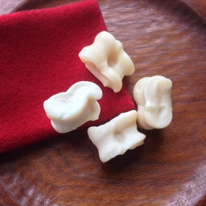 May include: Four white bone-shaped dog chew toys on a wooden surface with a red felt pouch.