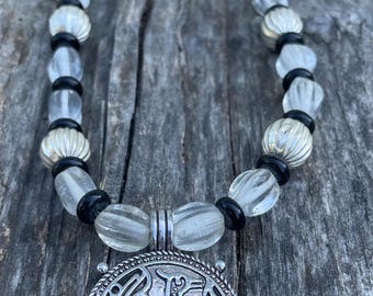 Viking Necklace Black,silver  and Clear Rus Birka inspired Beaded Jewelry~ Norse bird Pendant