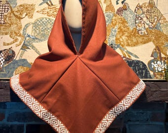Viking Hood Rust Wool Skjoldehamn Hood ~ Felted Wool Hood~  Trimmed Viking Rain Hood- Historical Reenactment