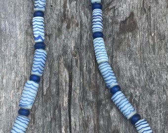 Viking Necklace Blue & White Spiral Glass Beaded Norse Jewelry~