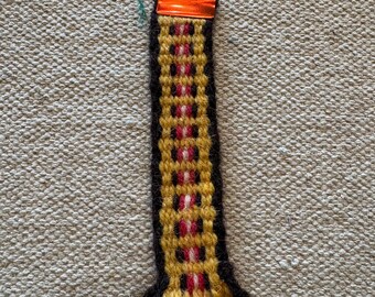 Viking Woven Key Chain Fob ~ Tablet Weaving Wool Bag Charm Norse Accessory  Brown Yellow Red