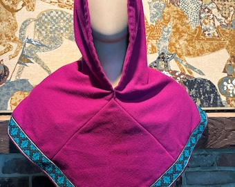 Viking Hood Rasberry Pink Purple Wool Skjoldehamn Hood ~ Felted Wool ~  Trimmed Viking Rain Hood- Historical Reenactment