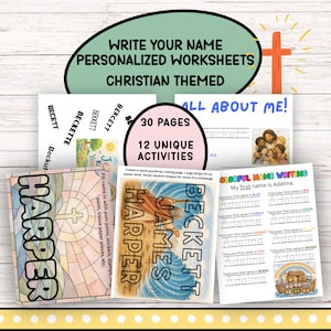 May include: A set of 30 pages of personalized Christian-themed name worksheets featuring 12 unique activities. The pages include tracing exercises, name puzzles, and coloring sheets with illustrations of Jesus and Noah's Ark, with text including WRITE YOUR NAME PERSONALIZED WORKSHEETS CHRISTIAN THEMED, ALL ABOUT ME, and COLORFUL NAME WRITING.