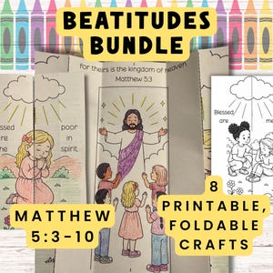 May include: A printable foldable craft set titled BEATITUDES BUNDLE MATTHEW 5:3-10. The paper features black and white line art illustrations of children and religious figures, with some sections colored in with pencils, including text like Blessed are the poor in spirit.