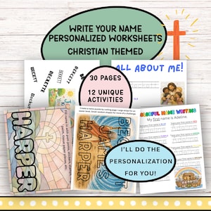 May include: A set of 30 personalized Christian-themed worksheets featuring 12 unique activities. The pages include name tracing exercises, coloring sections with religious imagery, and text such as WRITE YOUR NAME PERSONALIZED WORKSHEETS, ALL ABOUT ME, and I'LL DO THE PERSONALIZATION FOR YOU.