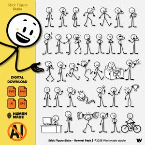 Peut inclure: Un pack graphique à télécharger numériquement, présentant diverses illustrations de personnages en bâtonnets en noir et blanc. Le pack comprend des personnages en bâtonnets dans différentes poses et activités, avec le texte "Stick Figure Blake - General Pack".