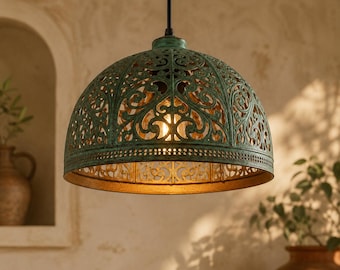 Handmade Moroccan Copper Pendant Light - Intricate Filigree Arabesque Patina Dome Lamp