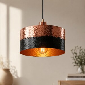 Hammered Copper Pendant Light, Black Drum Shade, Handmade Kitchen Island Fixture