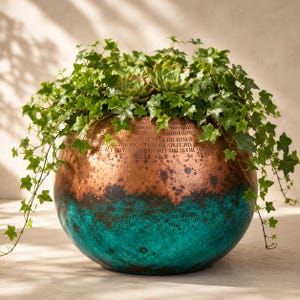May include: A spherical planter featuring a hammered copper finish on the upper half and a vibrant teal patina on the lower half. The planter is filled with lush green ivy vines and small succulent plants that spill over the rounded edges.