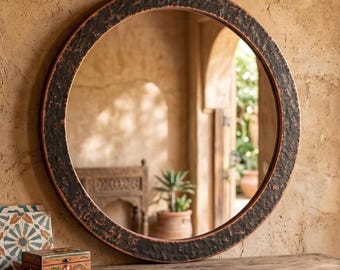 Handcrafted Dark Copper Round Mirror, Hammered Metal Frame, Rustic Accent Decor