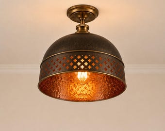 Hammered Copper Semi Flush Ceiling Light, Rustic Farmhouse Entryway Fixture