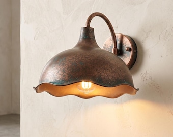 Handcrafted Copper Wall Sconce – Rustic Verdigris Patina Light – Vintage Farmhouse Brass Lamp