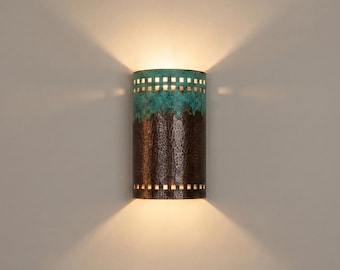 Crafted Copper Wall Lamp, Green Verdigris Patina Sconce, Rustic Modern Wall Lighting Fixture