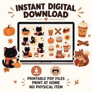 Puede incluir: Una hoja de pegatinas digitales en la pantalla de un portátil con ilustraciones de gatos negros, ardillas, calabazas, tazas de café y hojas de otoño. Texto: INSTANT DIGITAL DOWNLOAD, PRINTABLE PDF FILES, PRINT AT HOME, NO PHYSICAL ITEM.