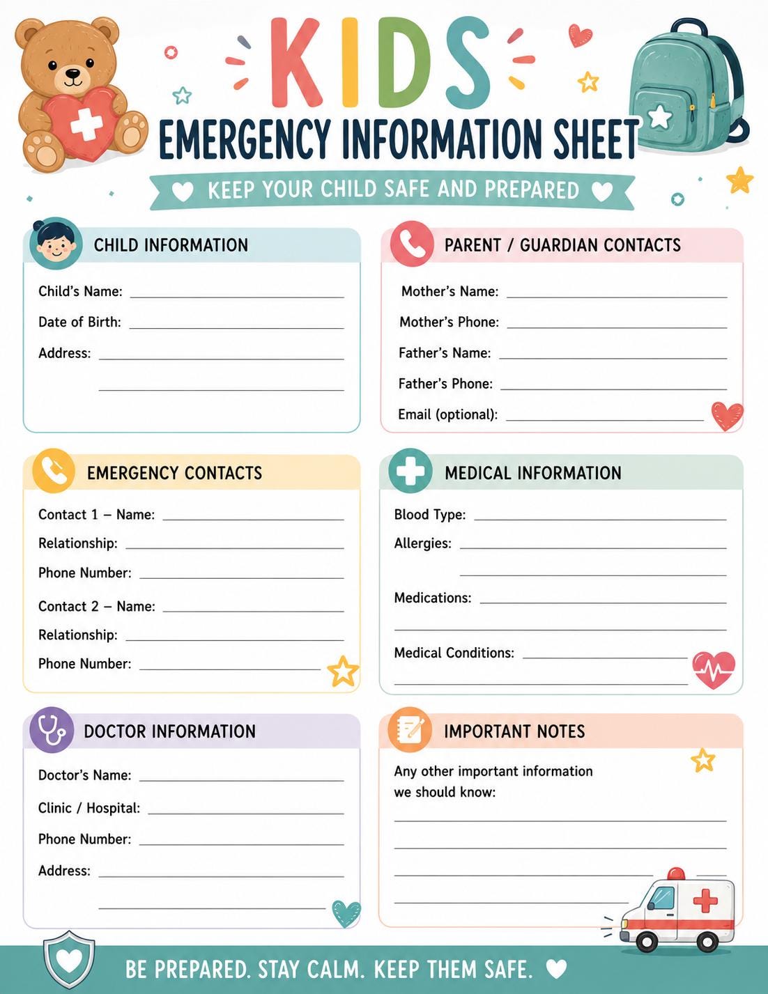 Kids Emergency Information Sheet Printable | Child Safety Form ...