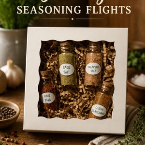 May include: A white square gift box with a scalloped window containing four glass jars with cork stoppers, filled with seasonings labeled Basil Salt, Jalapeno Salt, BBQ Rub, and Cajun Seasoning, nestled in shredded brown paper filler.