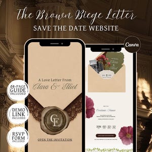 May include: Two smartphone screens displaying a digital save the date website template. The design features a beige background, brown lace accents, a wax seal with the initials CE, and text reading A Love Letter From Clara & Eliot.