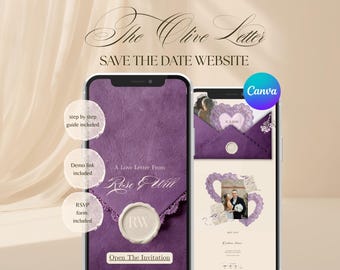 Plantilla de sitio web de boda morada, sitio web de boda editable en Canva, RSVP y cuenta regresiva, sitio web de invitación para guardar la fecha.