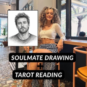 Op de afbeelding: Een afbeelding met een potloodtekening van een man en een vrouw. De tekst "SOULMATE DRAWING + TAROT READING" wordt in het wit op een zwarte achtergrond weergegeven. De vrouw draagt een witte top en een bloemenrok. De achtergrond is een café.