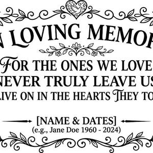 May include: A black and white rectangular memorial plaque featuring a decorative floral border with roses and lilies. The text reads: IN LOVING MEMORY, FOR THE ONES WE LOVE NEVER TRULY LEAVE US. THEY LIVE ON IN THE HEARTS THEY TOUCHED. [NAME & DATES].