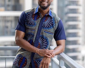 Navy Blue Fugu Accent African Men’s Shirt, Easy Wear African Fashion, Mens Kwedusa African Print Designs