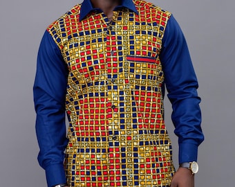 Navy Blue Red Brown Fugu Accent African Print Men’s Shirt, Easy Wear African Fashion, Mens Long Sleeve African Print Designs