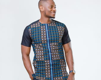 Black Kente Fugu Accent African Men’s Shirt, Easy Wear African Fashion, Mens African Designs