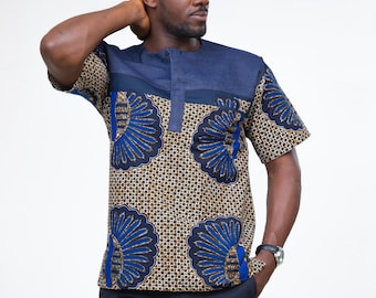 Navy Blue Denim Accent African Men’s Shirt, Easy Wear African Fashion, Mens Kwedusa African Print Jeans Designs