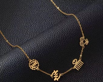 Adinkra Symbols Necklace, African Charm Chain, Adinkra Codes Jewellery, Gye Nyame Duafe Necklace, Sankofa Nyame Ne Hene Symbol Jewelry