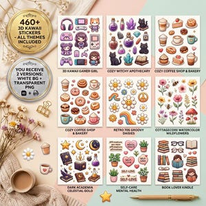 Puede incluir: Una colección de más de 460 pegatinas kawaii en 3D con varios temas, incluyendo chicas gamer, artículos de botica, dulces de cafetería, margaritas retro, flores silvestres, elementos celestiales dorados y libros.
