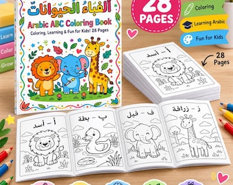 May include: An Arabic ABC coloring book featuring a colorful cover with a lion, elephant, and giraffe illustration. The set includes a stack of pages and an open book displaying black and white animal outlines with Arabic text and 28 pages total.