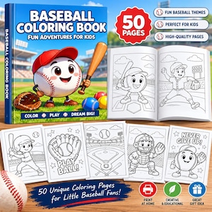 Peut inclure: Un livre de coloriage sur le baseball présentant un personnage de balle de baseball avec une casquette rouge et une batte sur la couverture. Il contient 50 pages d'illustrations au trait montrant des joueurs, du matériel et des stades.