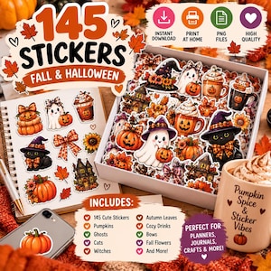 May include: A digital collection of 145 autumn and Halloween themed stickers featuring pumpkins, ghosts, cats, witches, autumn leaves, bows, and cosy drinks. The set includes printable PNG files for planners, journals, and crafts with high quality.