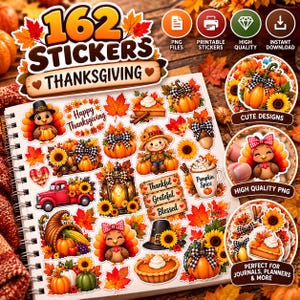 Peut inclure: Un ensemble de 162 autocollants numériques sur le thème de Thanksgiving avec des illustrations de citrouilles, dindes, tournesols, feuilles d'automne, un camion rouge, des tartes et des panneaux en bois avec le texte Thankful, Grateful, Blessed.