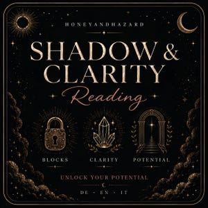 May include: A dark, square graphic with gold and white text and illustrations. The text reads "SHADOW & CLARITY Reading" and "UNLOCK YOUR POTENTIAL." Illustrations include a lock, crystals, and a doorway. The background is black with stars.