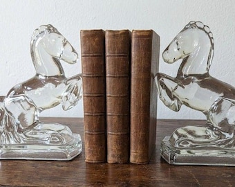 Vintage L.E. Smith Clear Glass Rearing Horse Bookends Pair - 1940s Art Deco MCM