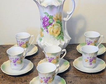 Antique German Porcelain Chocolate Set Pot Cups Saucers Floral Luster 13 Pc