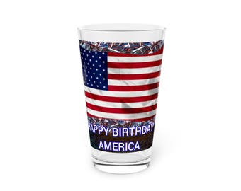 Vaso de pinta de Feliz Cumpleaños América / Vaso de cerveza con la bandera estadounidense de 473 ml (16 oz)